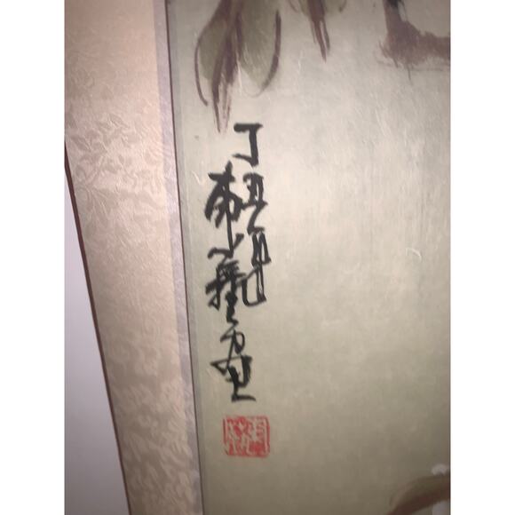 Vintage Asian Silk Scroll Bird Blossom Painting Kakejiku Wall Art w Box - Picture 3 of 7